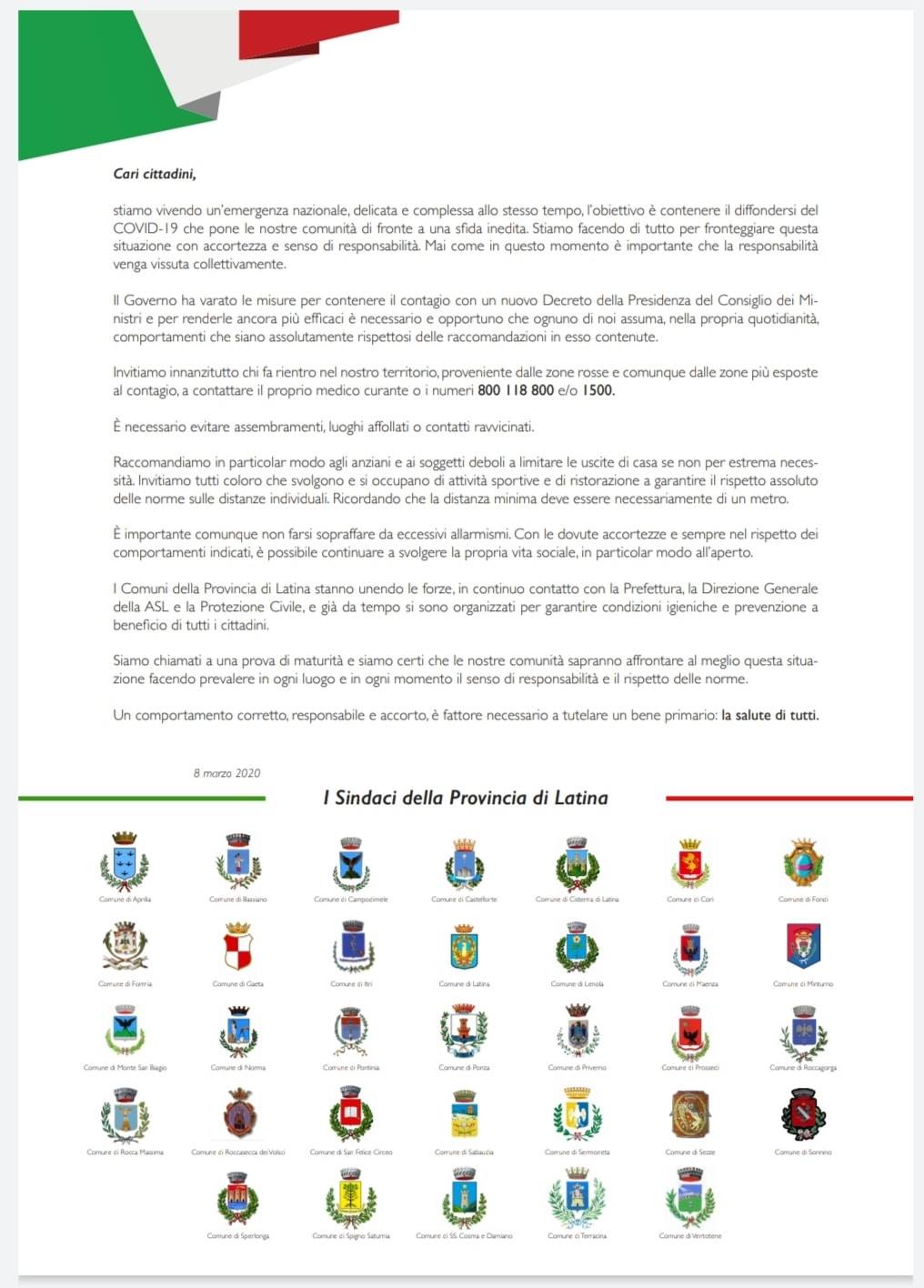 Appello dei Sindaci della Provincia di Latina