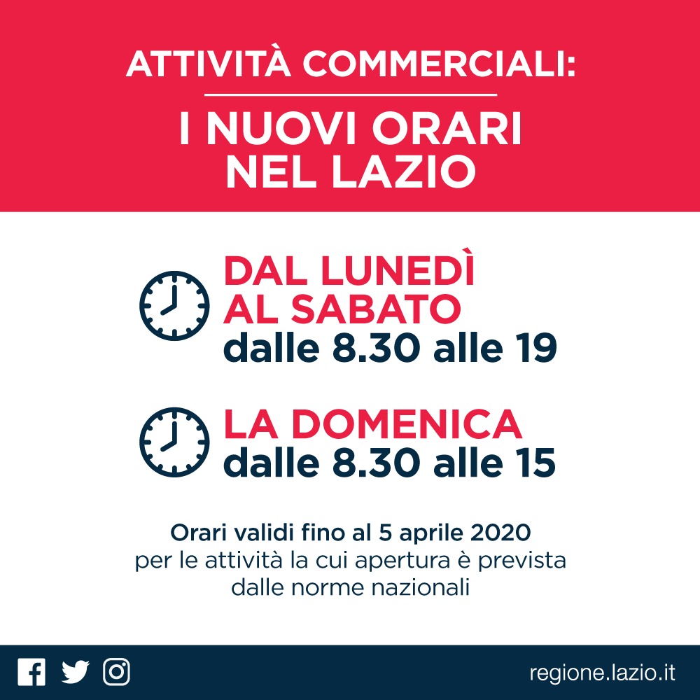 Attività Commerciali Nuovi orari nel Lazio